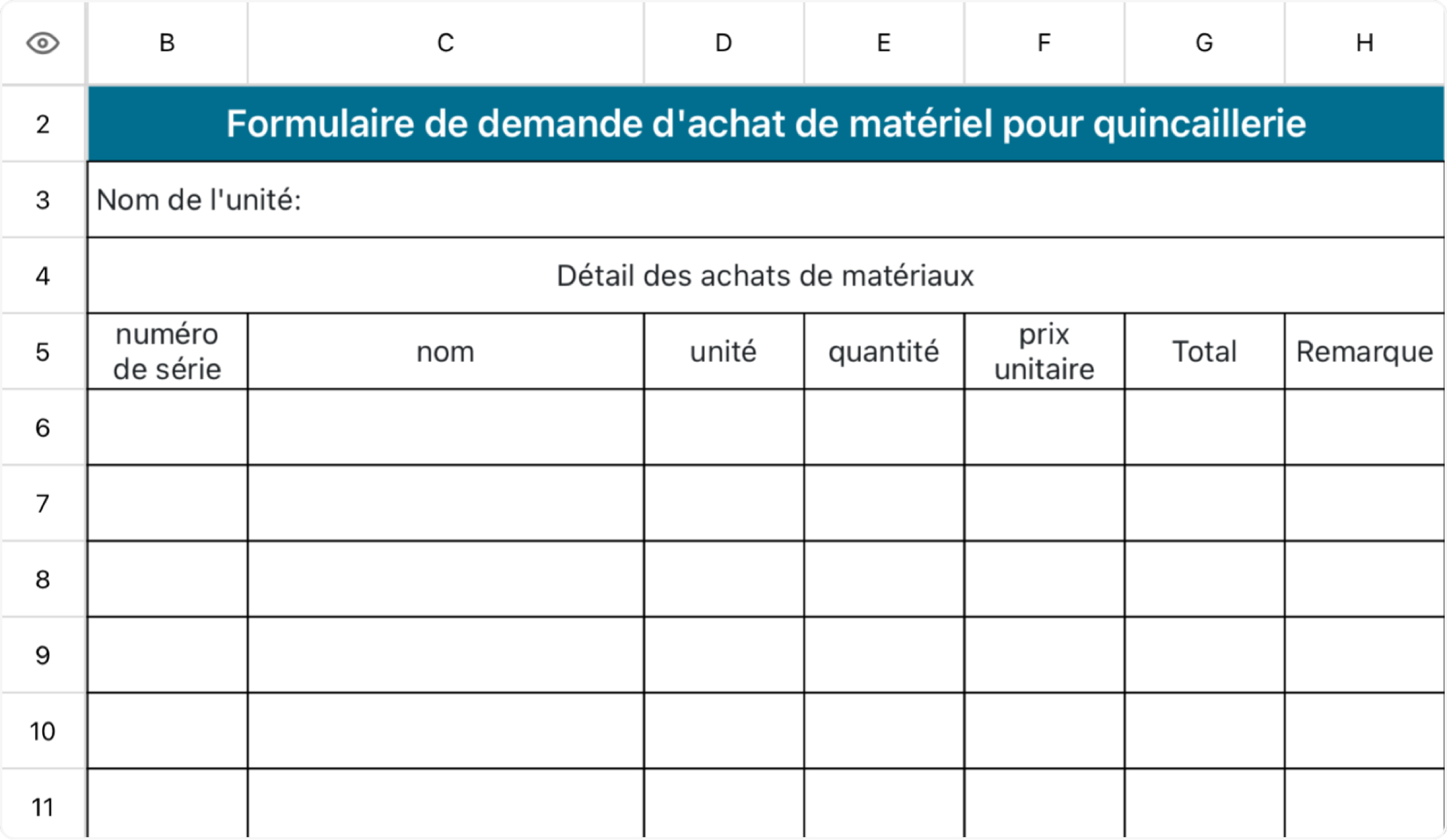 Formulaire de demande d'achat de matériel pour quincaillerie